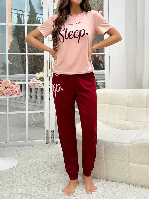 T-Pink Sleep with Maroon Sleep Printed Night Suit